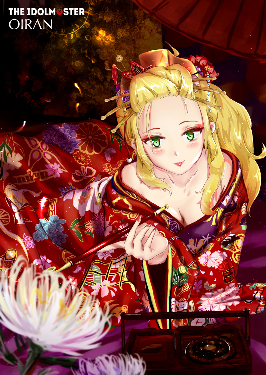 absurdres alternate_costume alternate_hairstyle blonde_hair breasts cleavage commentary_request floral_print geisha green_eyes hair_ornament hair_stick highres holding holding_pipe hoshii_miki idolmaster idolmaster_(classic) japanese_clothes kimono kiseru long_hair looking_at_viewer medium_breasts off_shoulder oiran pipe solo tabako-bon val_(escc4347)