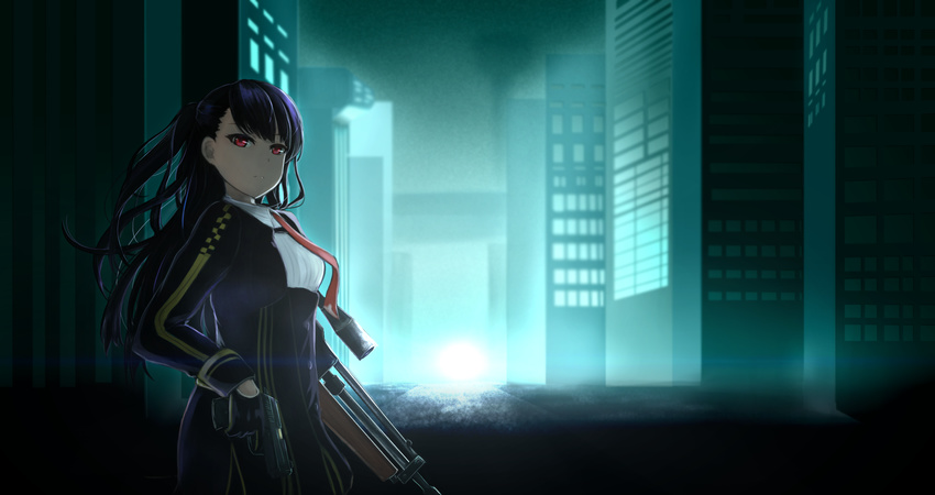 belt bipod blazer bow braid bullpup buttons cityscape closed_mouth commentary_request dual_wielding expressionless eyebrows eyebrows_visible_through_hair framed_breasts from_side girls_frontline gloves gun hair_bow hair_ribbon half-closed_eyes handgun highres holding holding_gun holding_weapon jacket long_hair looking_at_viewer necktie night one_side_up pistol purple_hair red_eyes red_neckwear red_ribbon ribbon rifle satsuki_(swkerc) scope sniper_rifle solo standing strap thighhighs trigger_discipline underbust uniform very_long_hair wa2000_(girls_frontline) walther walther_wa_2000 weapon