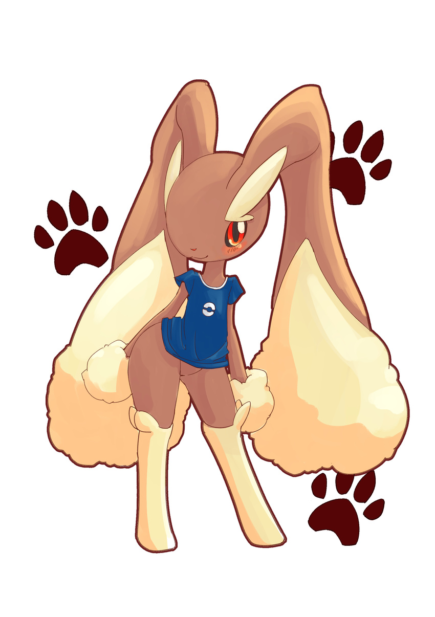 absurdres animal_ears blue_shirt bottomless bunny_ears commentary full_body furry groin highres konbudou lopunny no_humans pokemon pokemon_(creature) red_eyes shirt smile solo
