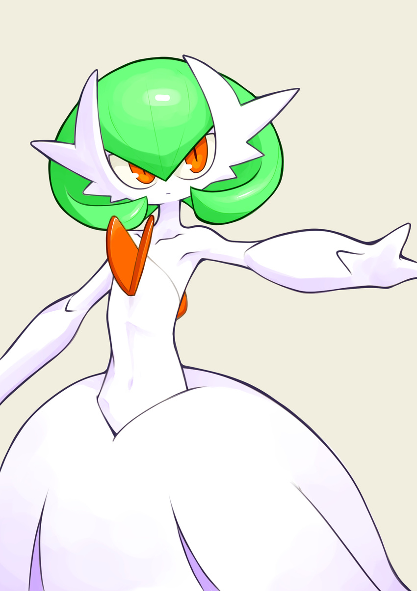 1girl arm_up armpits artist_request beige_background collarbone covered_navel gardevoir green_hair highres looking_to_the_side mega_gardevoir mega_pokemon navel no_humans outstretched_arm pokemon pokemon_(creature) pokemon_rse red_eyes short_hair simple_background solo standing