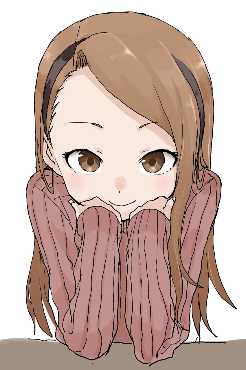 absurdres blush brown_eyes brown_hair brown_sweater chin_rest closed_mouth forehead hairband highres idolmaster idolmaster_(classic) long_hair long_sleeves looking_at_viewer minase_iori ribbed_sweater simple_background smile solo sweater upper_body white_background yamamoto_souichirou