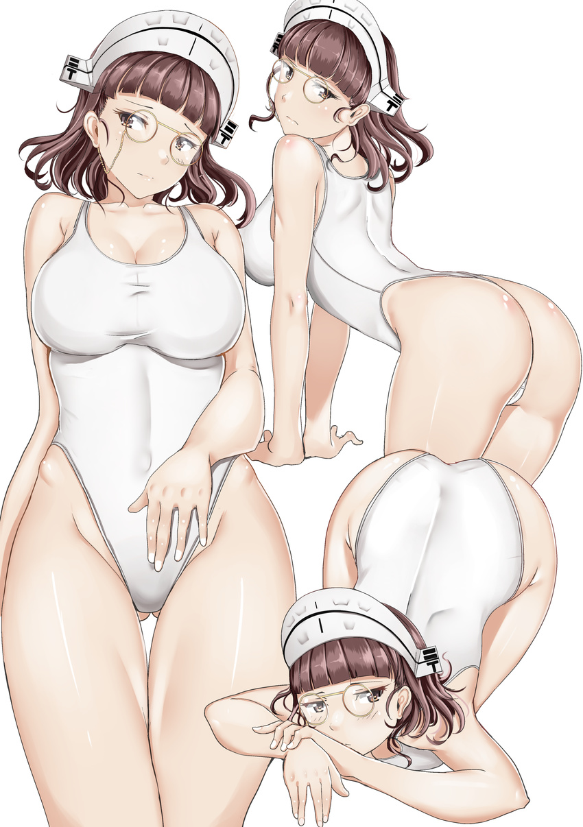 absurdres ass ass_visible_through_thighs bangs blunt_bangs breasts brown_eyes brown_hair chiyo_goya competition_swimsuit cowboy_shot glasses headdress highleg highleg_swimsuit highres kantai_collection large_breasts looking_at_viewer multiple_views one-piece_swimsuit one-piece_thong pince-nez roma_(kantai_collection) short_hair simple_background swimsuit wavy_hair white_background white_swimsuit