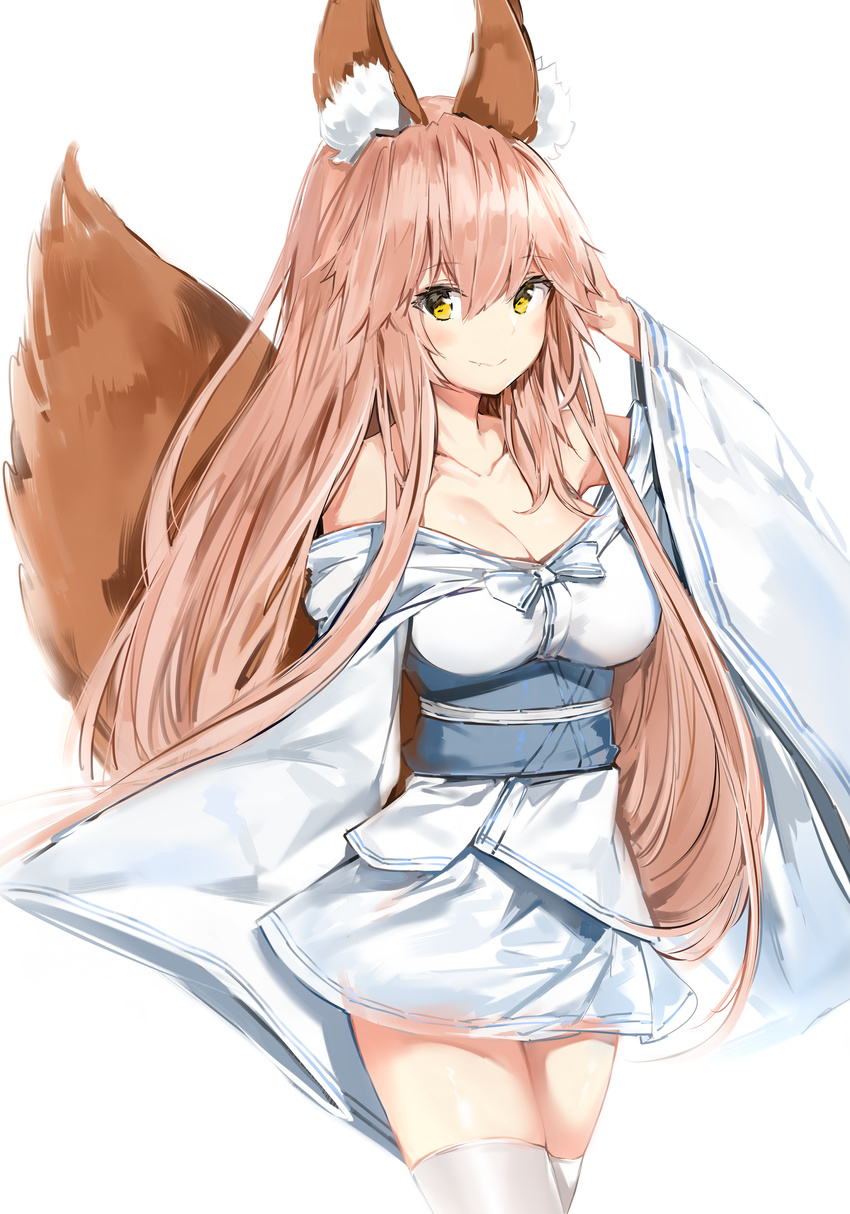 absurdres adjusting_hair alternate_costume animal_ear_fluff animal_ears arm_at_side bangs bare_shoulders blush bow breasts cleavage closed_mouth collarbone commentary_request cowboy_shot double_horizontal_stripe eyebrows_visible_through_hair fang fang_out fate/extra fate_(series) fox_ears fox_girl fox_tail hair_between_eyes hand_in_hair hand_up highres japanese_clothes kimono large_breasts large_tail long_hair long_sleeves looking_at_viewer miniskirt obi off_shoulder pale_color pink_hair sash see-through shiny shiny_hair short_kimono silver_(chenwen) simple_background sketch skindentation skirt sleeves_past_fingers sleeves_past_wrists smile solo standing straight_hair tail tamamo_(fate)_(all) tamamo_no_mae_(fate) tareme thighhighs thighs underbust very_long_hair white_background white_bow white_kimono white_legwear white_skirt wide_sleeves yellow_eyes zettai_ryouiki