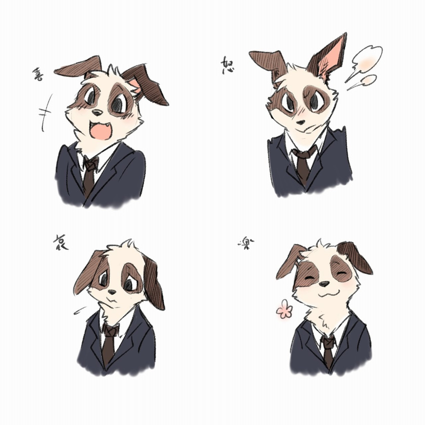 angry anthro black_eyes blush brown_tie business_suit canine clothed clothing coronta_(tenshoku_safari) dog expressions flower fur happy laugh male mammal multicolored_fur necktie official_art plant sad smile steam suit tenshoku_safari two_tone_fur unknown_artist