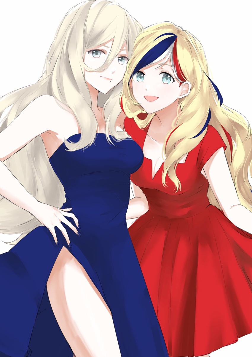 :d alternate_costume blonde_hair blue_dress blue_eyes blue_hair blue_nails breasts cleavage collarbone commandant_teste_(kantai_collection) dress highres kantai_collection long_hair medium_breasts mole mole_under_eye mole_under_mouth morinaga_miki multiple_girls nail_polish open_mouth red_dress red_hair richelieu_(kantai_collection) simple_background smile white_background white_hair