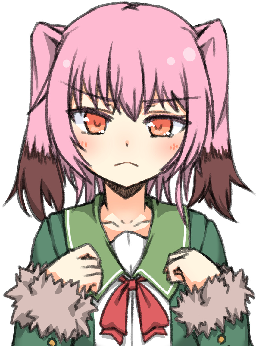 black_hair colored_tips eyebrows_visible_through_hair frown fur-trimmed_sleeves fur_trim green_jacket highres jacket kantai_collection kunashiri_(kantai_collection) long_sleeves looking_at_viewer multicolored_hair namaata neck_ribbon orange_eyes pink_hair red_neckwear red_ribbon ribbon school_uniform serafuku short_hair simple_background solo tsurime two-tone_hair two_side_up upper_body white_background