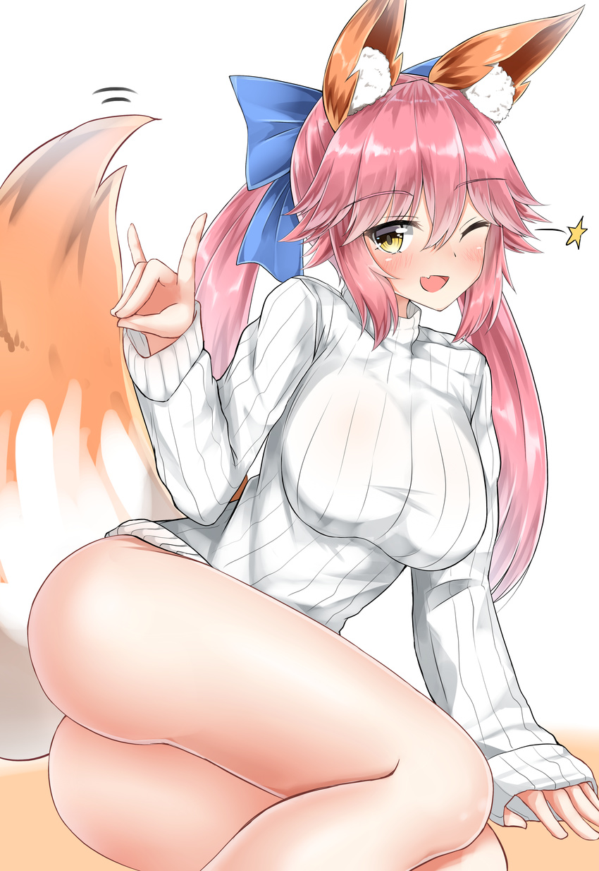 absurdres animal_ear_fluff animal_ears ass blush bottomless breasts calligraphy_brush calligraphy_brush_(medium) fang fate_(series) fox_ears fox_shadow_puppet fox_tail graphite_(medium) hair_ribbon highres large_breasts long_hair looking_at_viewer moyoron naked_sweater one_eye_closed open_mouth paintbrush pink_hair ribbon simple_background smile solo star sweater sweater_vest tail tamamo_(fate)_(all) tamamo_no_mae_(fate) traditional_media white_background white_sweater