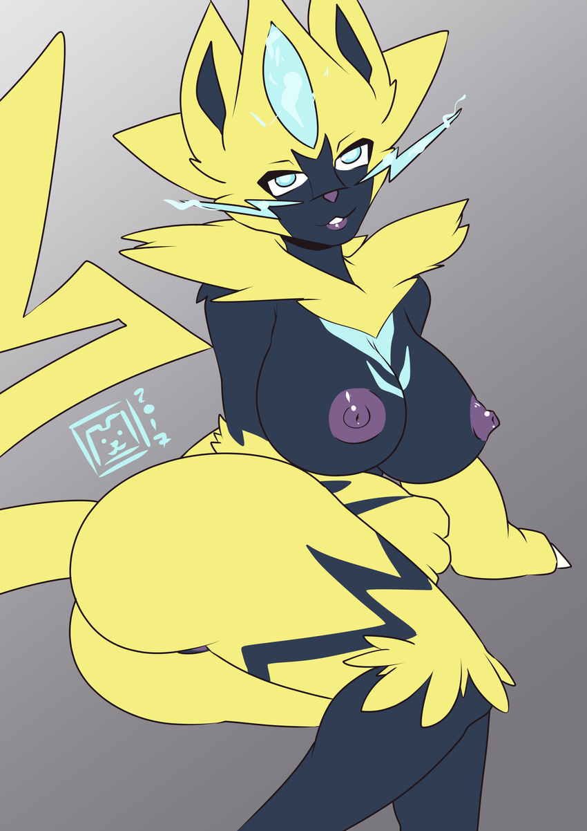 2017 anthro bearbox_doodletimes breasts butt canine claws digital_media_(artwork) feline female fur looking_at_viewer mammal nintendo nipples nude paws pok&eacute;mon pok&eacute;mon_(species) simple_background smile solo teasing video_games zeraora