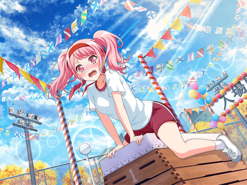 bang_dream! banner bloomers blush long_hair maruyama_aya pink_eyes pink_hair shy sky sports twintails