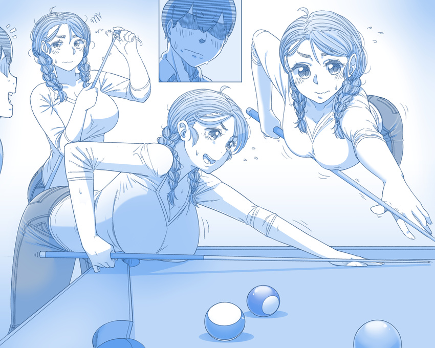 1boy 1girl bent_over billiards blue braid breast_rest breasts cleavage closed_mouth cue_ball cue_stick denim ekz_(drawfag) flying_sweatdrops hair_over_shoulder highres jeans large_breasts medium_hair monochrome original pants pool_table shaded_face sweat thick_eyebrows twin_braids wavy_mouth