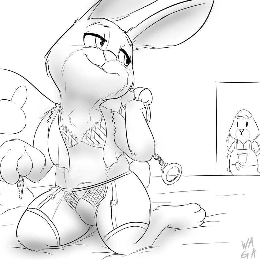 2017 anthro bed bedroom_eyes bonnie_hopps bra chest_tuft clothing disney duo erection erection_under_clothes female female_focus front_view garter_straps greyscale half-closed_eyes handcuffs hat hi_res holding_object inside key kneeling lagomorph legwear line_art lingerie looking_at_partner looking_back male mammal mature_female monochrome navel on_bed rabbit seductive shackles simple_background solo_focus stockings stu_hopps tenting thigh_highs tuft underwear w4g4 white_background zootopia