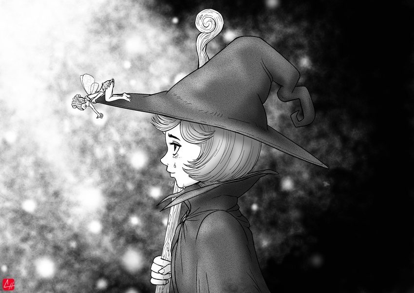 absurdres ass barefoot berserk chris_re5 evarella fairy fairy_wings from_side greyscale hat hatching_(texture) highres makeup microskirt minigirl monochrome multiple_girls pointy_ears profile robe schierke short_hair signature skirt smile tears upper_body wings witch_hat