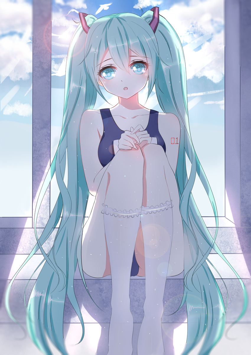 absurdly_long_hair absurdres blue_eyes blue_hair blush breasts collarbone eyebrows_visible_through_hair hatsune_miku highres kneehighs large_breasts long_hair looking_at_viewer parted_lips school_swimsuit sitting solo swimsuit twintails very_long_hair vocaloid white_legwear youga