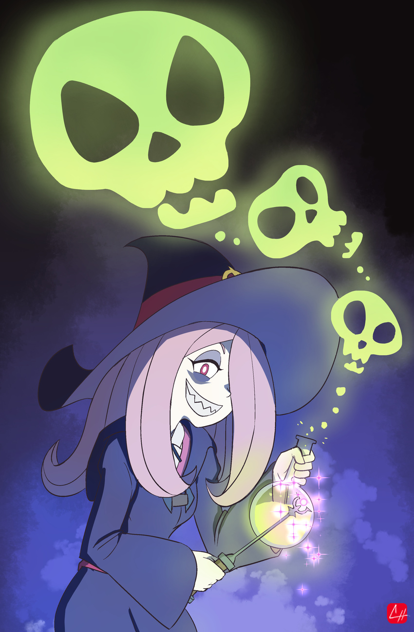 absurdres chris_re5 flask grin hair_over_one_eye hat highres little_witch_academia makeup pink_hair purple_eyes sharp_teeth signature skull smile solo sparkle sucy_manbavaran teeth upper_body wand wide_sleeves witch_hat
