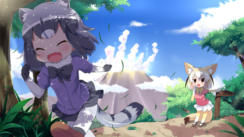 :d :o ^_^ animal_ears black_hair black_neckwear black_skirt blonde_hair blue_sky blush bow bowtie calling chibi closed_eyes cloud commentary_request common_raccoon_(kemono_friends) day extra_ears fang fennec_(kemono_friends) fox_ears fox_tail fur_collar grey_hair highres kemono_friends makuran medium_hair miniskirt mountain multicolored_hair multiple_girls nature open_mouth outdoors pantyhose pointing raccoon_ears raccoon_tail running sandstar short_sleeves skirt sky smile sunlight tail thighhighs tree tree_shade volcano white_hair white_legwear white_skirt yellow_legwear