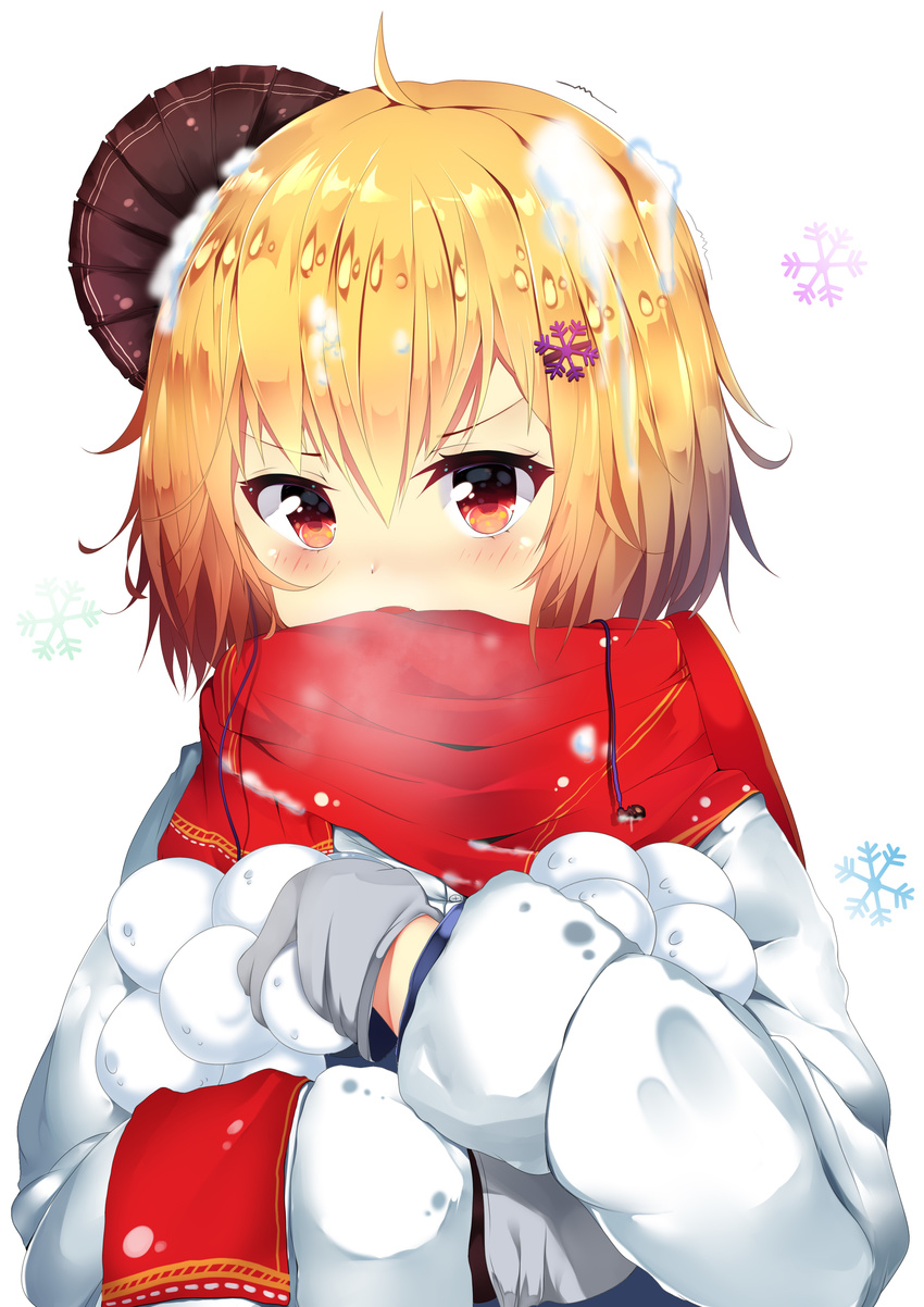 absurdres ahoge blonde_hair eyebrows_visible_through_hair hair_ornament highres huaimeng long_sleeves looking_at_viewer mittens open_mouth original red_eyes red_scarf scarf short_hair snowball snowflake_hair_ornament snowflakes solo upper_body