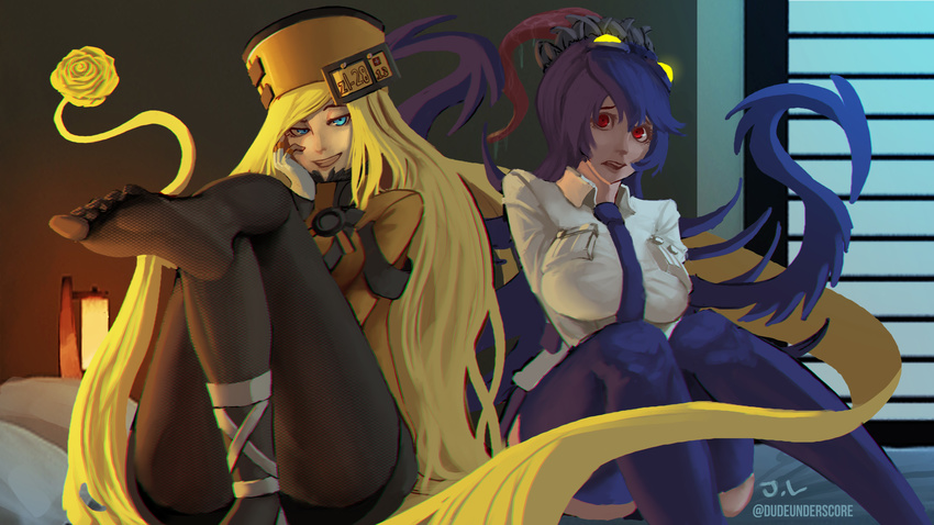 absurdly_long_hair absurdres aqua_eyes black_legwear breasts convenient_leg crossover feet filia_(skullgirls) fishnet_pantyhose fishnets guilty_gear guilty_gear_xrd hat highres jacky_lau large_breasts long_hair long_tongue looking_at_viewer millia_rage multiple_girls naughty_face necktie ojou-sama_pose on_bed pantyhose parted_lips prehensile_hair red_eyes revision samson_(skullgirls) school_uniform shoes single_shoe sitting skullgirls smile soles thighhighs toes tongue trait_connection very_long_hair zettai_ryouiki