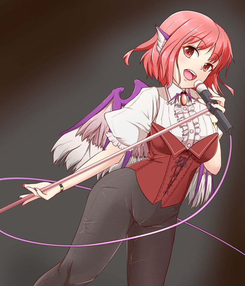 alternate_costume commentary_request dutch_angle highres holding looking_at_viewer microphone music mystia_lorelei open_mouth pink_hair puffy_short_sleeves puffy_sleeves red_eyes short_hair short_sleeves singing solo touhou wings zefutefu