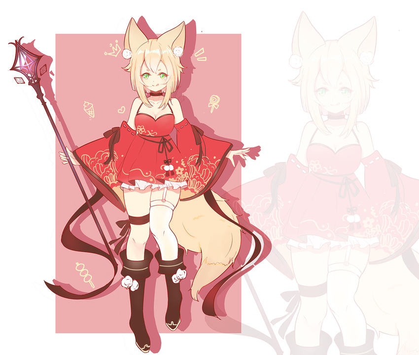 animal_ears black_footwear blonde_hair blush boots breasts character_request cleavage closed_mouth collarbone copyright_request eyebrows fox_ears fox_tail full_body garter_straps green_eyes highres holding holding_staff knee_boots large_breasts looking_at_viewer mole mole_under_eye short_hair smile solo staff tail thighhighs tongue tongue_out white_legwear youga