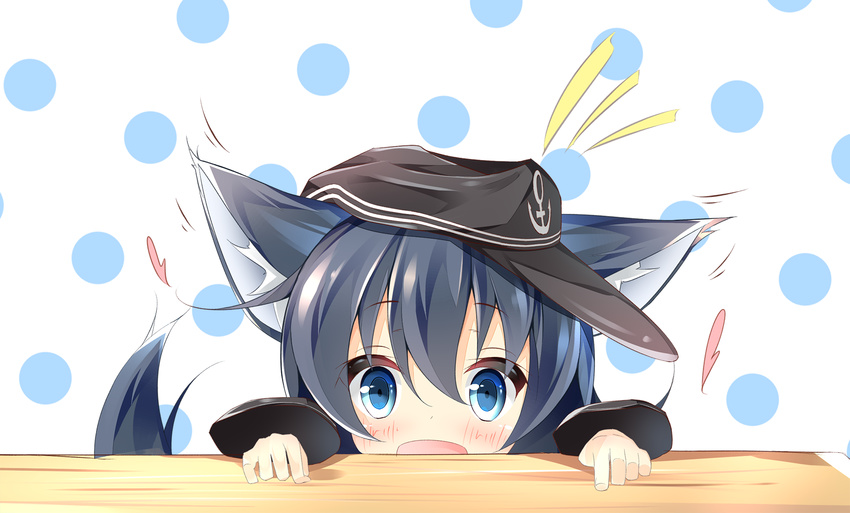 :d akatsuki_(kantai_collection) anchor_symbol animal_ears bangs black_hat blue_eyes blue_hair blush commentary_request eyebrows_visible_through_hair flat_cap hair_between_eyes hat heart highres kantai_collection kemonomimi_mode kushida_you long_sleeves looking_at_viewer open_mouth peeking_out polka_dot polka_dot_background smile solo tail white_background