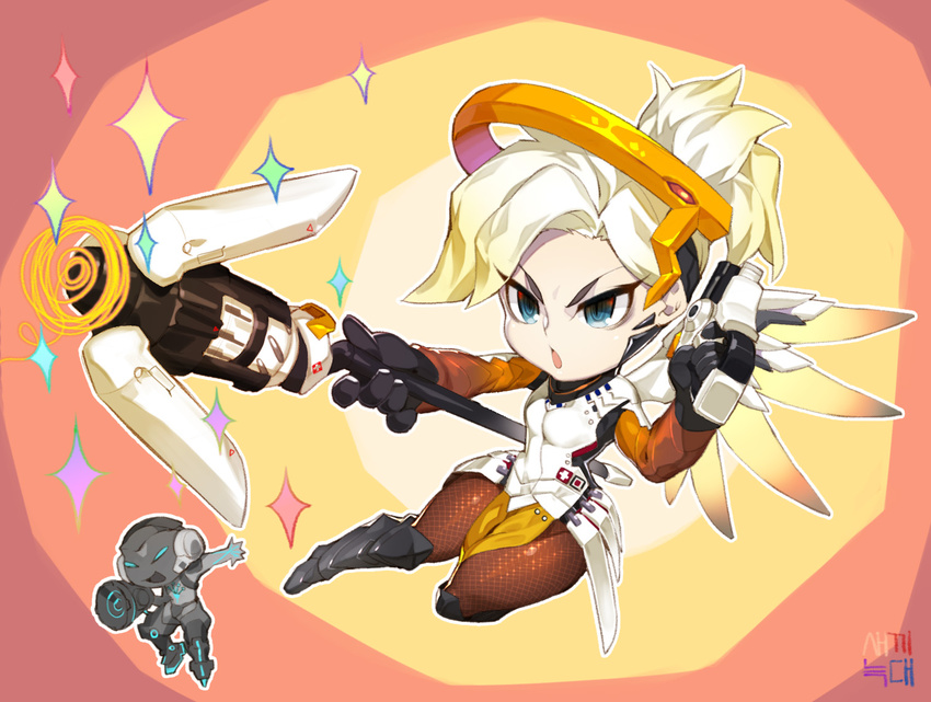 1girl armor blonde_hair blue_eyes boots chibi gloves gun knee_boots l.wolf long_hair lucio_(overwatch) mechanical_halo mechanical_wings mercy_(overwatch) open_mouth overwatch pantyhose ponytail ribbit_lucio sparkle spread_wings staff thick_thighs thighs weapon wide_hips wings