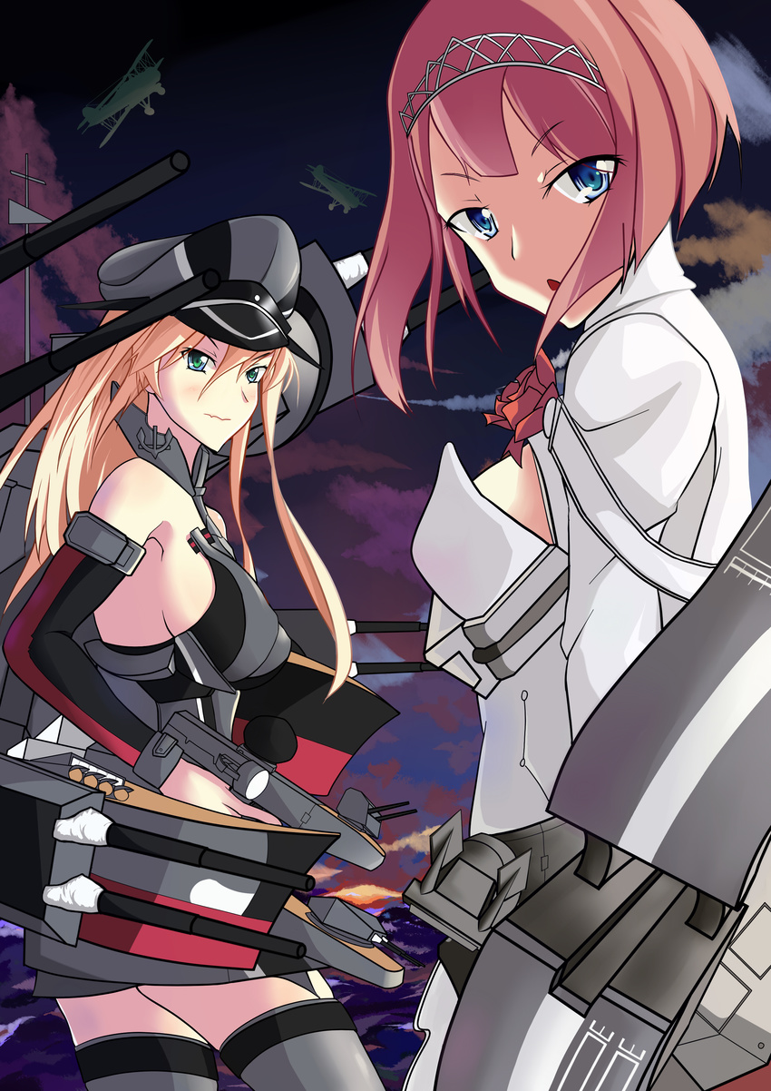 aircraft airplane ark_royal_(kantai_collection) biplane bismarck_(kantai_collection) blonde_hair blue_eyes bob_cut bow_(weapon) commentary_request compound_bow corset grey_legwear hat highres hoshino_noa kantai_collection long_hair military_hat multiple_girls peaked_cap red_hair red_ribbon ribbon short_hair swordfish_(airplane) tiara weapon white_corset