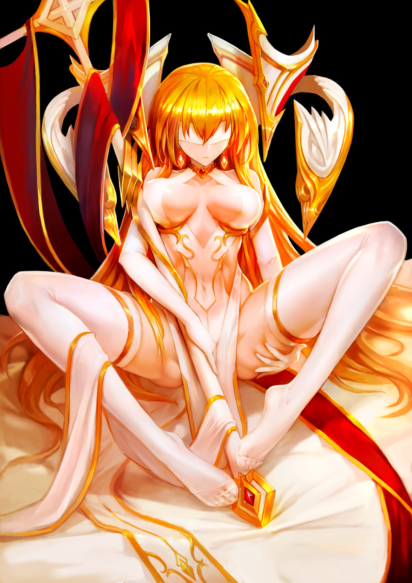 absurdres bare_shoulders bed_sheet black_background blindfold blonde_hair breasts breasts_apart cleavage_cutout closed_mouth covered_eyes covered_navel dress earrings elbow_gloves expressionless facing_viewer feet gloves gradient_hair highres holding holding_staff jewelry large_breasts long_hair midriff moeoh_ex multicolored_hair necklace no_shoes orange_hair polearm shiny shiny_hair simple_background sitting sleeveless sleeveless_dress solo spread_legs staff thighhighs thighs toes very_long_hair weapon white_dress white_gloves white_legwear zhuore_zhi_hen