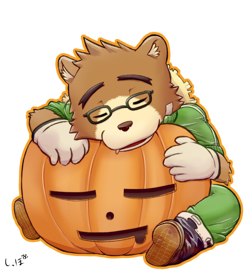 2017 anthro bear clothing eyewear food fruit glasses gloves hat male mammal pumpkin simple_background sitting sleeping solo straw_hat tokyo_afterschool_summoners volos white_background