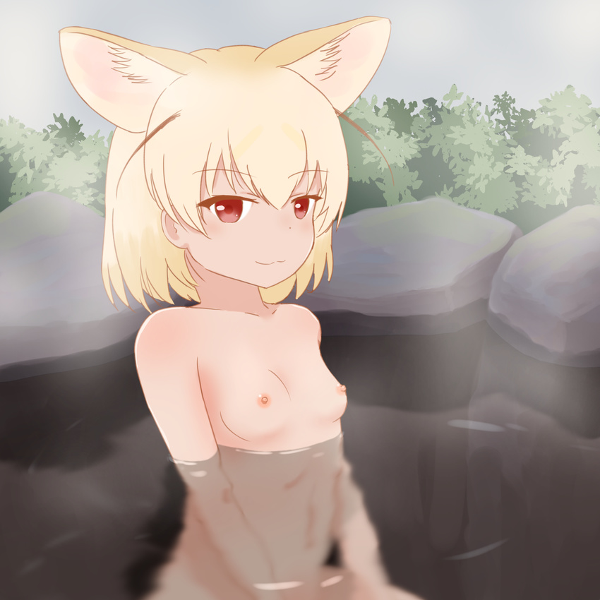:3 ancroid animal_ears bathing breasts fennec_(kemono_friends) fox_ears highres kemono_friends looking_at_viewer nipples nude onsen outdoors partially_submerged rock small_breasts smile solo steam water