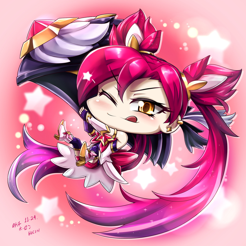 1girl alternate_costume alternate_hair_color alternate_hairstyle bare_shoulders belt black_gloves black_legwear chibi elbow_gloves fingerless_gloves gloves hair_ornament high_heel_boots hocen jinx_(league_of_legends) league_of_legends lipstick long_hair magical_girl red_bow red_bowtie red_eyes red_hair red_lips short_shorts shorts solo star_guardian_jinx thighhighs tied_hair twintails very_long_hair weapon wink