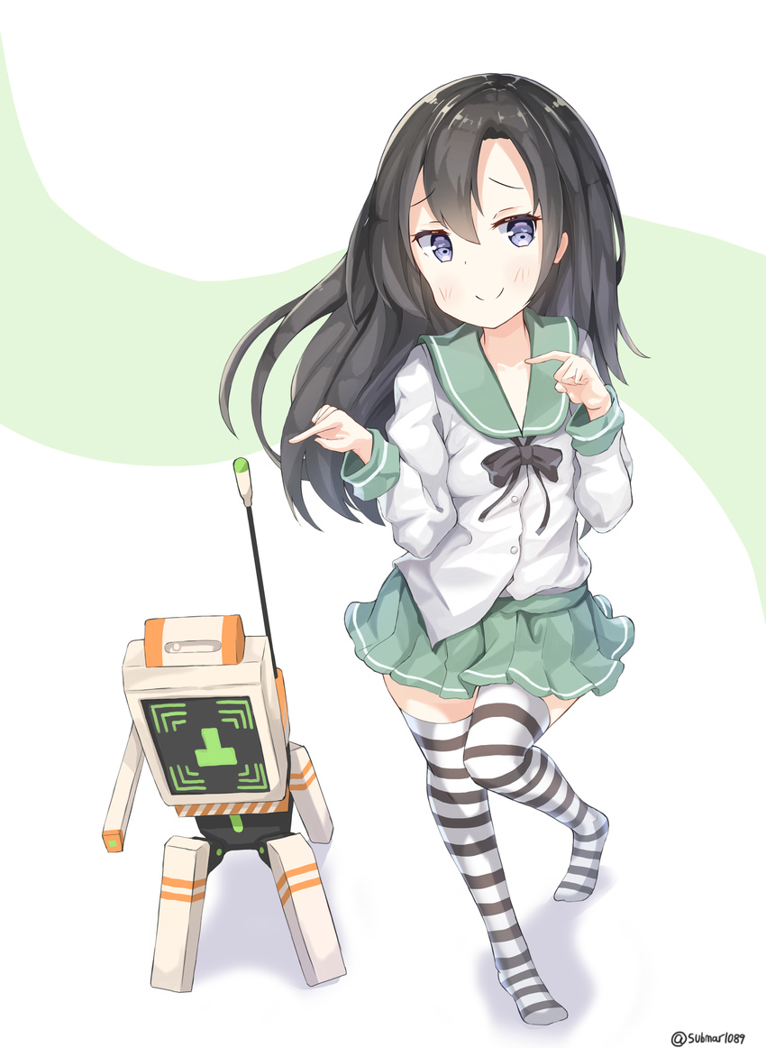 absurdres black_hair black_legwear blue_eyes blush character_request closed_mouth commentary eyebrows_visible_through_hair girls_frontline green_skirt highres long_hair pointing school_uniform serafuku skirt smile sobmarine solo striped striped_legwear thighhighs white_legwear