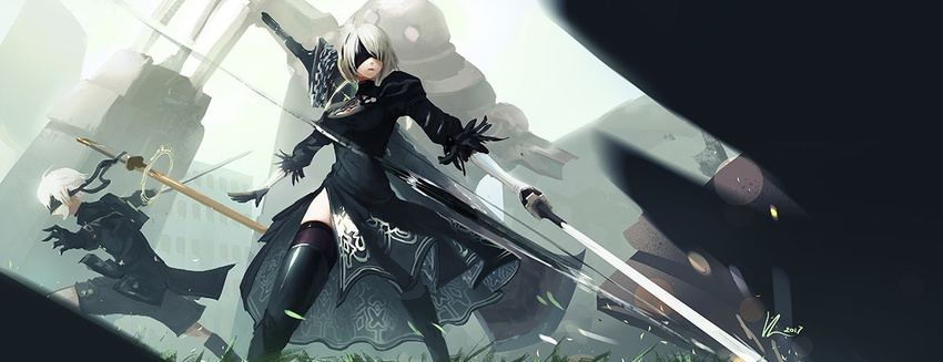 1girl battle black_blindfold black_dress black_gloves black_hairband blindfold boots breasts cleavage cleavage_cutout covered_eyes dress feather-trimmed_sleeves floating_swords gloves hairband holding holding_weapon juliet_sleeves katana long_dress long_sleeves medium_breasts motion_blur nier_(series) nier_automata puffy_sleeves robot shorts side_slit silver_hair solo_focus sword thigh_boots thighhighs thighhighs_under_boots thighs vafar7 weapon yorha_no._2_type_b yorha_no._9_type_s