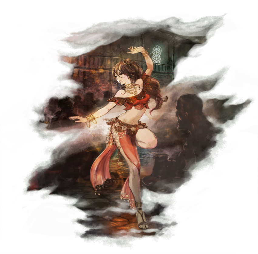 absurdres bracelet brown_hair crowd dancer dancing highres ikusy jewelry long_hair mole mole_under_mouth navel necklace octopath_traveler official_art pelvic_curtain primrose_azelhart solo square_enix stomach