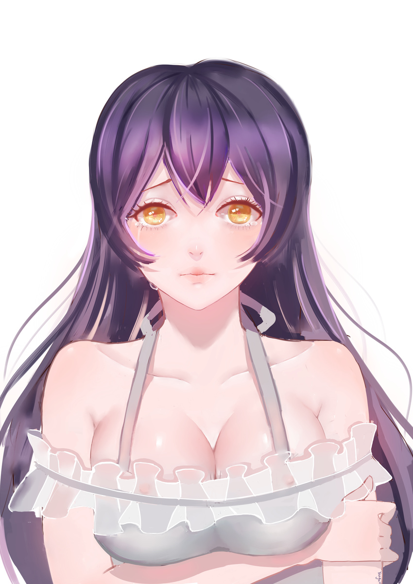 absurdres alternate_hair_color blush breasts brown_eyes cleavage collarbone crying crying_with_eyes_open eyebrows highres large_breasts long_hair looking_at_viewer love_live! love_live!_school_idol_project nipples parted_lips purple_hair see-through solo sonoda_umi tears upper_body youga