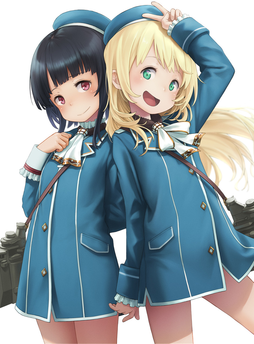 :d arm_at_side arm_behind_back arm_up atago_(kantai_collection) bangs binoculars black_hair blazer blonde_hair blunt_bangs blush child frilled_sleeves frills green_eyes head_tilt highres jacket kakinomai kantai_collection long_hair long_sleeves looking_at_viewer machinery multiple_girls open_mouth red_eyes short_hair_with_long_locks simple_background smile takao_(kantai_collection) v white_background younger