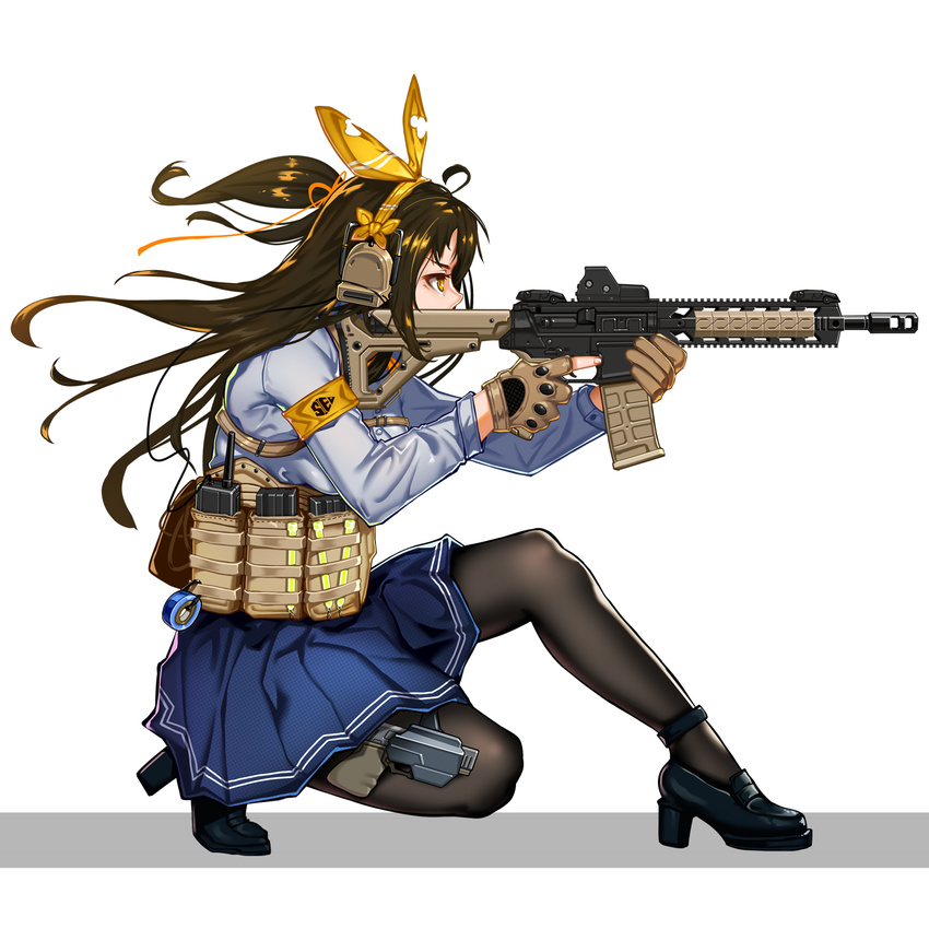 ahoge aiming ar-15 armband assault_rifle black_footwear black_hair black_legwear blue_skirt breasts brown_gloves choudan closed_mouth from_side full_body girls_frontline gloves gun hair_ribbon hairband high_heels highres holding holding_gun holding_weapon holster loafers long_hair long_sleeves medium_breasts one_knee one_side_up pantyhose partly_fingerless_gloves pleated_skirt profile ribbon rifle shirt shoes simple_background skirt solo tape thigh_holster trigger_discipline tsurime walkie-talkie weapon white_background white_shirt yellow_eyes yellow_hairband yellow_ribbon