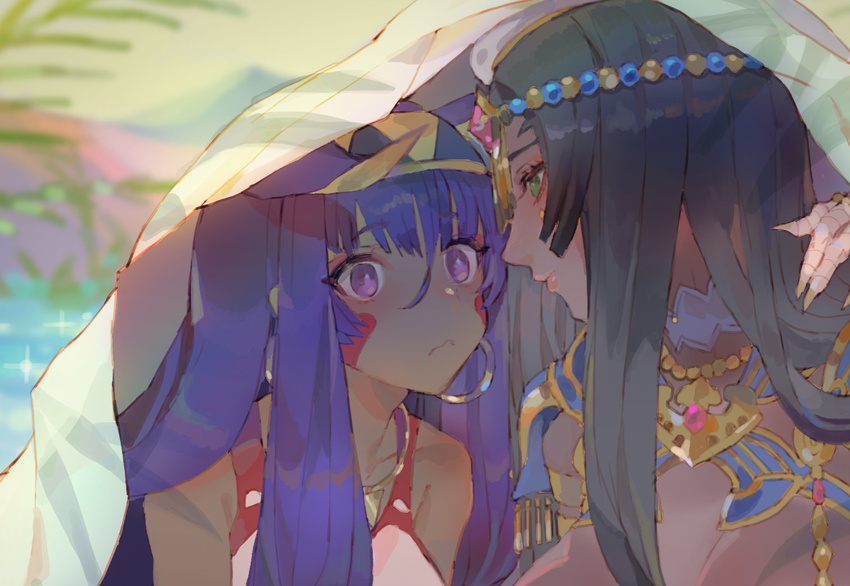 animal_ears bandaged_hands bandages bangs bare_shoulders black_hair blanket blurry blurry_background blush breasts closed_mouth commentary_request competition_swimsuit dark_skin day depth_of_field earrings ears_down eyebrows_visible_through_hair facial_mark fate/grand_order fate_(series) fingernails green_eyes hairband hoop_earrings jackal_ears jewelry kibadori_rue large_breasts long_fingernails long_hair looking_at_another multiple_girls nitocris_(fate/grand_order) nitocris_(swimsuit_assassin)_(fate) one-piece_swimsuit outdoors pink_lips purple_eyes purple_hair ring scheherazade_(fate/grand_order) swimsuit thumb_ring yuri