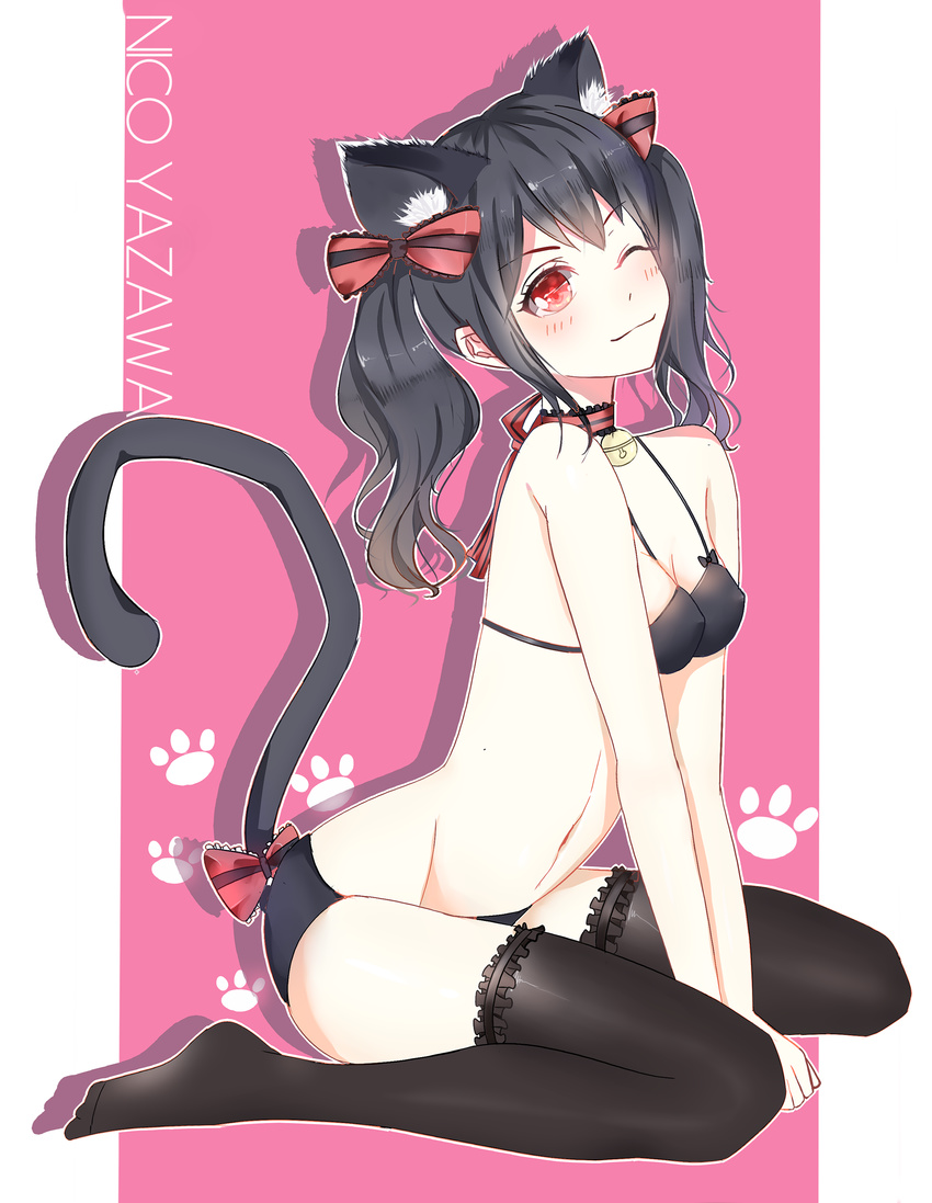 absurdres animal_ears bangs bell bell_choker between_legs bikini black_bikini black_bow black_hair black_legwear blush bow breast_squeeze breasts cat_ears cat_tail character_name choker cleavage clenched_hand closed_mouth covered_nipples eyebrows_visible_through_hair frilled_bow frilled_legwear frilled_ribbon frills from_side full_body gradient_hair hair_bow hand_between_legs head_tilt highres jingle_bell kemonomimi_mode leaning_forward light_smile looking_at_viewer love_live! love_live!_school_idol_project medium_hair multicolored_hair navel one_eye_closed outline outside_border parted_bangs paw_print pink_background pink_bow red_eyes ribbon ribbon_choker seiza shadow sideboob sidelocks sideways_glance simple_background sitting small_breasts smile swimsuit tail tail_bow thighhighs thighs twintails v_arms wariza wavy_hair yazawa_nico youga