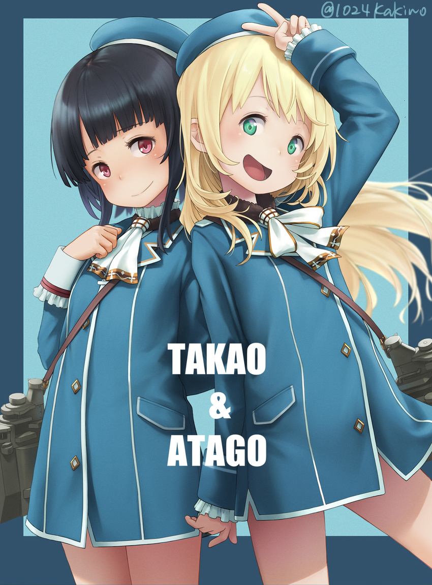 :d arm_at_side arm_behind_back arm_up artist_name atago_(kantai_collection) bangs binoculars black_hair blazer blonde_hair blunt_bangs blush character_name child commentary frilled_sleeves frills green_eyes head_tilt highres jacket kakinomai kantai_collection long_hair long_sleeves looking_at_viewer machinery multiple_girls number open_mouth red_eyes short_hair_with_long_locks smile takao_(kantai_collection) twitter_username v younger