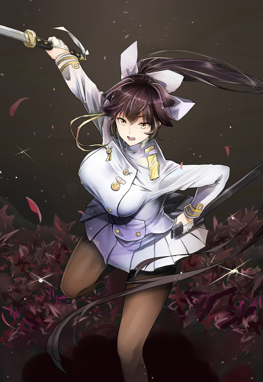 absurdres azur_lane bangs black_background bow breasts brown_hair floral_background glint gloves hair_bow highres holding holding_sword holding_weapon jeffrey10 katana large_breasts leaning_forward leg_up long_hair long_sleeves looking_at_viewer military military_uniform outstretched_arm petals pleated_skirt ponytail sheath skirt solo standing standing_on_one_leg sword takao_(azur_lane) tsurime uniform unsheathed v-shaped_eyebrows very_long_hair weapon white_bow white_gloves white_skirt yellow_eyes