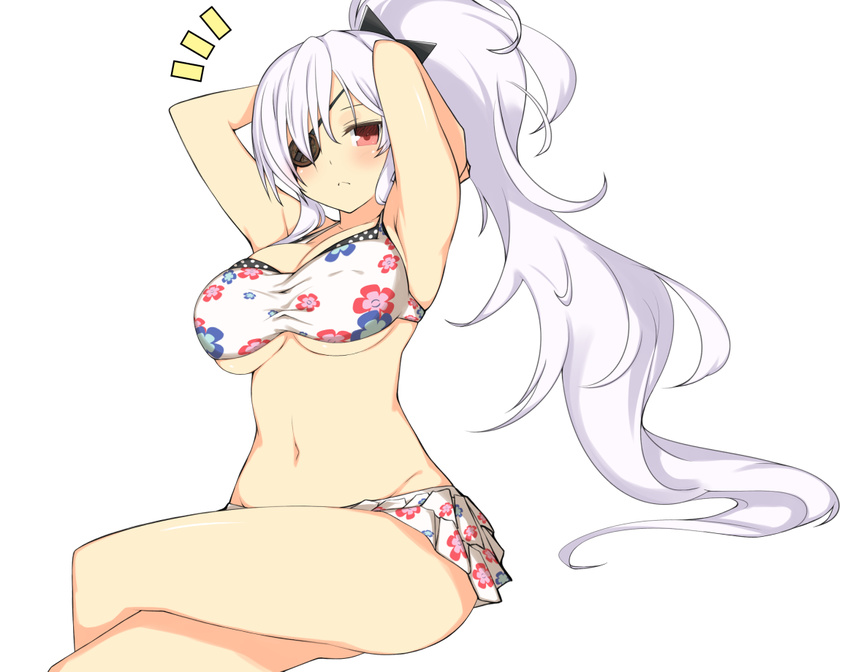 1girl albino alternate_hairstyle armpits arms_behind_head arms_up bikini bikini_skirt blush breasts cleavage closed_mouth crossed_legs eyepatch floral_print groin invisible_chair large_breasts long_hair looking_at_viewer navel one_eye_covered ponytail red_eyes seiza senran_kagura senran_kagura_shoujo-tachi_no_shin'ei simple_background sitting solo stomach swimsuit tenpesuto thighs underboob very_long_hair white_background white_bikini white_legwear yagyuu_(senran_kagura)