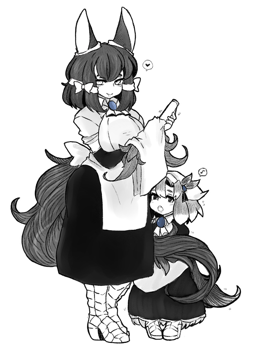 animal_ears apron bangs black_dress bow child cleaning collared_dress dress elbow_gloves feathers flying_sweatdrops gem gloves hair_bow hair_feathers hat heart high_heels highres kikimora_(monster_girl_encyclopedia) latenight looking_at_viewer maid maid_apron monochrome monster_girl monster_girl_encyclopedia multiple_girls musical_note non-web_source open_mouth parted_lips pigeon-toed proto_kikimora_(monster_girl_encyclopedia) puffy_short_sleeves puffy_sleeves scales short_hair short_sleeves simple_background smile spoken_heart spoken_musical_note spot_color standing tail towel white_background younger
