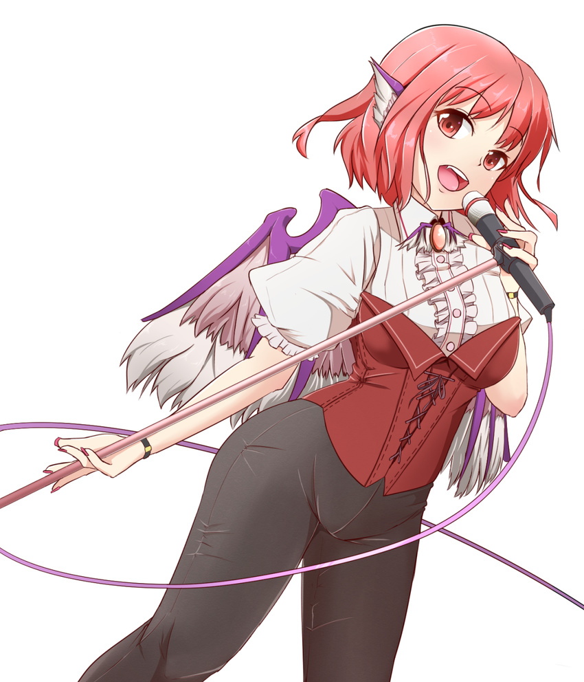 alternate_costume commentary_request dutch_angle highres holding looking_at_viewer microphone music mystia_lorelei open_mouth pink_hair puffy_short_sleeves puffy_sleeves red_eyes short_hair short_sleeves simple_background singing solo touhou white_background wings zefutefu