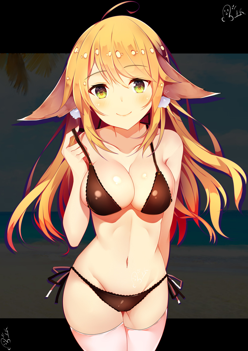 absurdres animal_ears bell blush bow breasts brown_hair cleavage closed_mouth collarbone eyebrows_visible_through_hair green_eyes hair_bow hair_ornament highres huaimeng large_breasts long_hair looking_at_viewer navel original red_bow smile solo thighhighs white_legwear