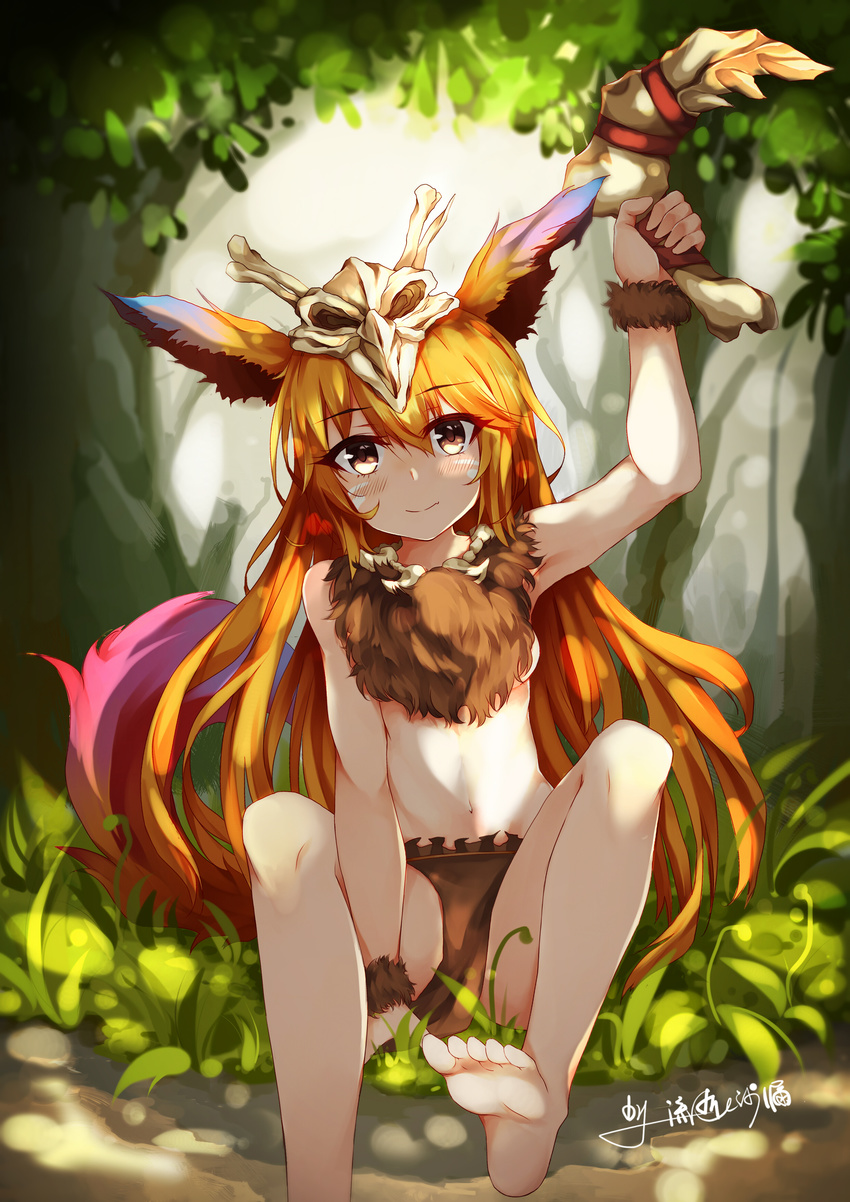 absurdres barefoot blush bone bone_necklace boomerang brown_eyes feathers feet forest fur genderswap genderswap_(mtf) gnar_(league_of_legends) hair_feathers hair_ornament hair_skull highres jewelry league_of_legends liushi_e_shalou long_hair looking_at_viewer nature navel necklace orange_hair outdoors personification sitting skull smile soles solo tail tooth_necklace