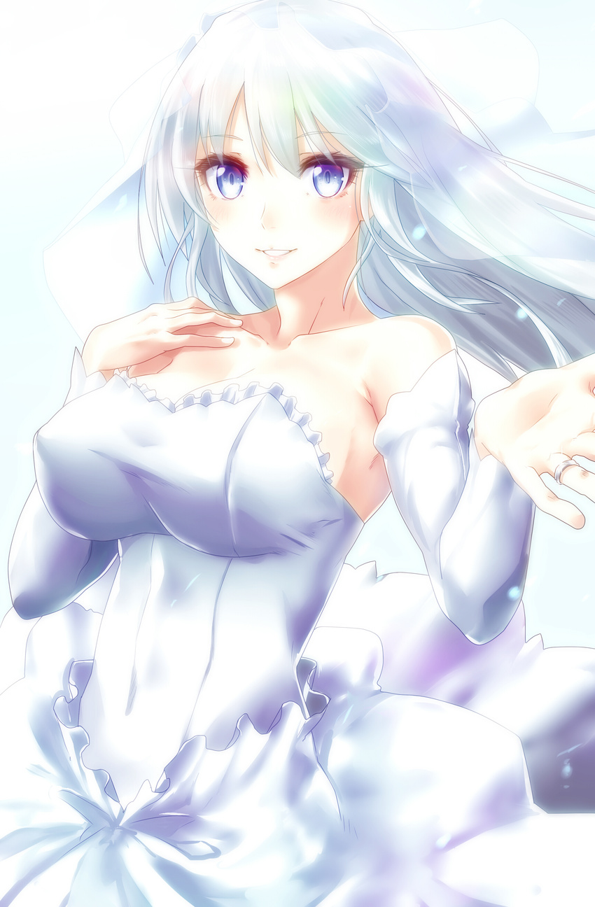 absurdres azur_lane bangs bare_shoulders blue_dress blue_eyes blush breasts cleavage collarbone detached_sleeves dress enterprise_(azur_lane) eyebrows_visible_through_hair highres jewelry large_breasts long_hair looking_at_viewer minarai_tenna parted_lips ring smile solo upper_body veil wedding_band wedding_dress