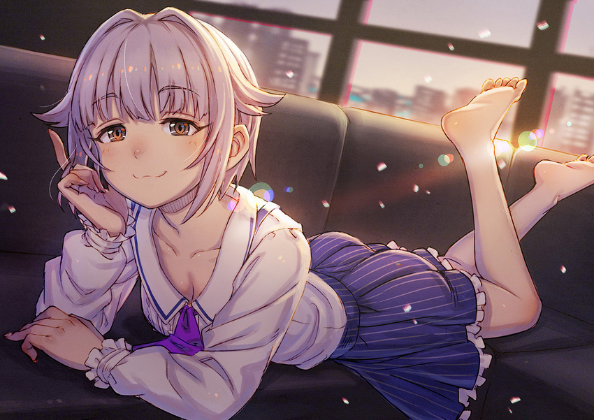 :3 arm_support ass barefoot breasts brown_eyes cleavage commentary idolmaster idolmaster_cinderella_girls koshimizu_sachiko kusano_shinta lens_flare_abuse light_rays lying on_stomach purple_hair short_hair skirt small_breasts smile solo the_pose