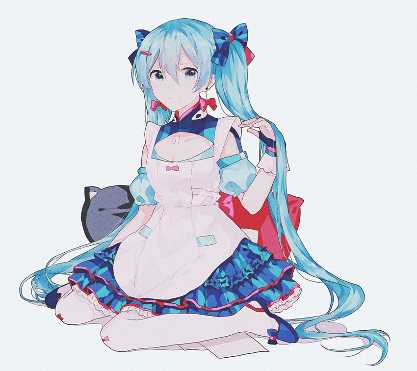 apron bad_id bad_pixiv_id bangs blue_bow blue_eyes blue_footwear blue_hair bow bow_earrings cleavage_cutout closed_mouth cushion dress earrings eyebrows_visible_through_hair fingerless_gloves frilled_dress frills full_body gloves gocoli grey_background hair_between_eyes hair_bow hand_in_hair hatsune_miku highres jewelry long_hair looking_at_viewer pantyhose red_bow shoes simple_background sitting smile solo twintails very_long_hair vocaloid wariza white_legwear wrist_cuffs