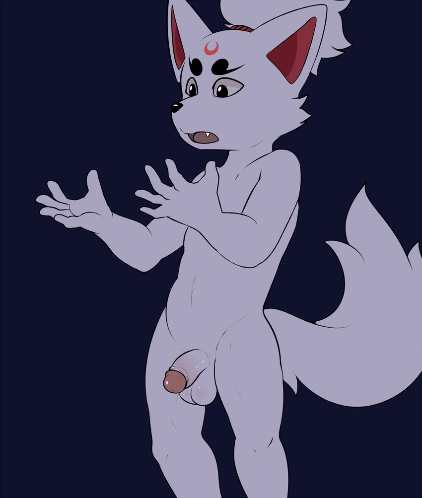 alternate_version_available anthro balls canine cute_fangs eroborus fox half-erect hi_res humanoid_penis kitsune_(ero) male mammal open_mouth penis simple_background solo standing stare surprise