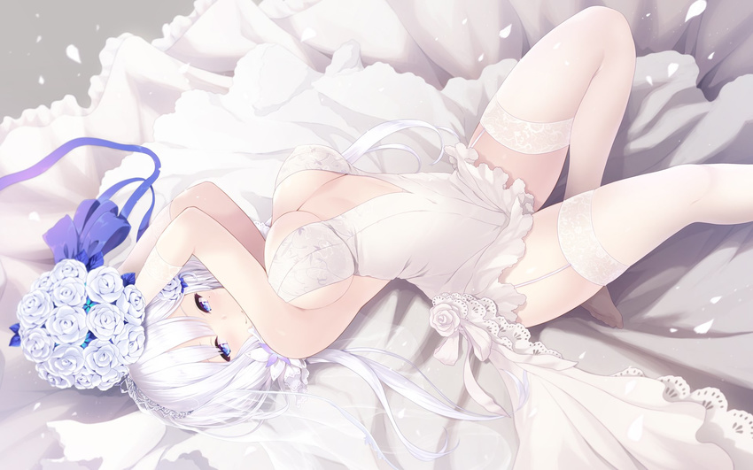 arms_up azur_lane blue_eyes bouquet breasts bridal_veil cait cleavage closed_mouth covered_navel dress flower garter_straps gloves hair_flower hair_ornament highres illustrious_(azur_lane) large_breasts looking_at_viewer low_twintails lying mole mole_under_eye no_shoes on_back petals short_dress smile solo thighhighs twintails veil white white_dress white_gloves white_hair white_legwear